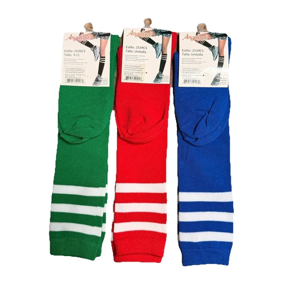Angelina Knee High Socks Unisex Green-blue-Red W/Stripes 9-11 77% Cotton 3 Pairs